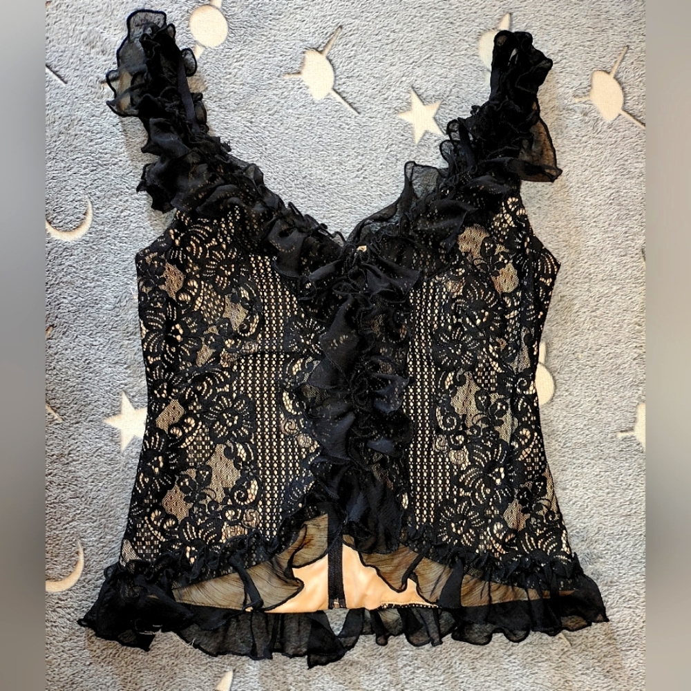 Fashion Nova Fairycore Black Nude Lace Ruffle Blouse Top Shirt